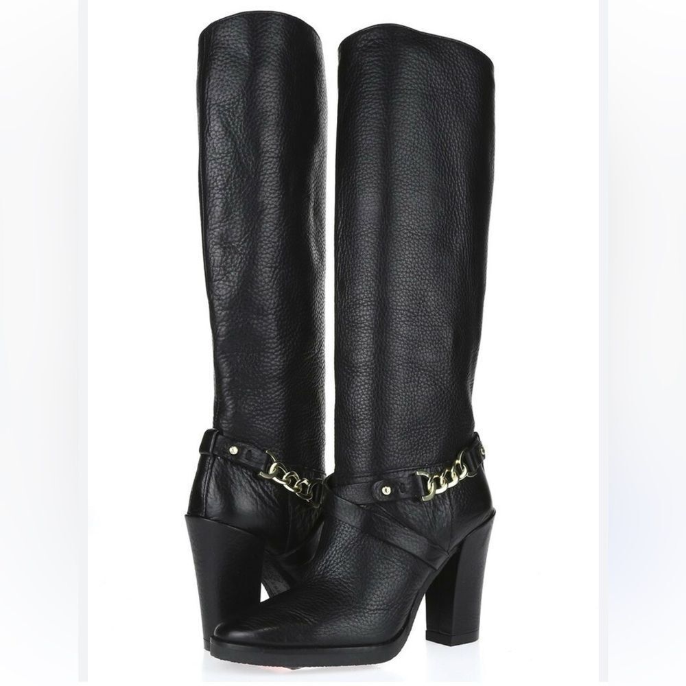 Kate Spade Montreal Black Leather Chain Link Tall 4" Heeled Boots Size 10